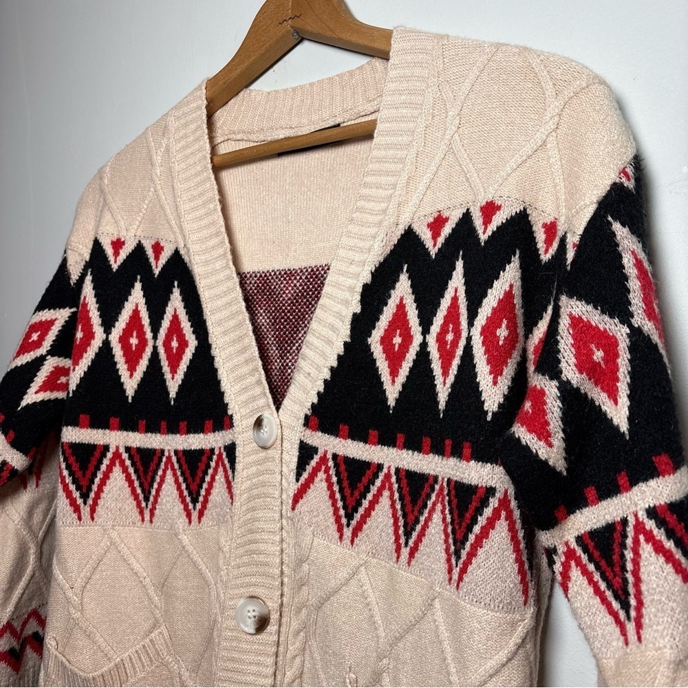 On Blue Fair Isle Cable Knit Geometric Pattern Cardigan Sweater Women’s Small - Picture 2 of 9